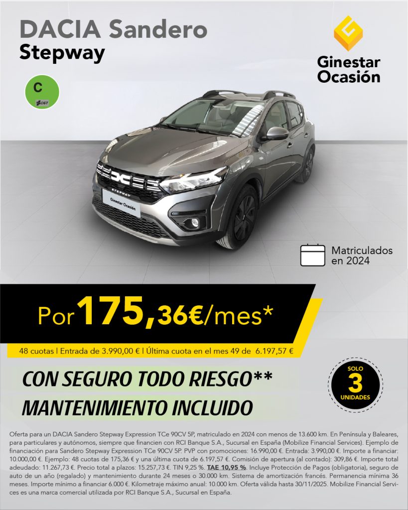 ¡Sólo quedan 3! Dacia Sandero Stepway por 175,36€/mes*