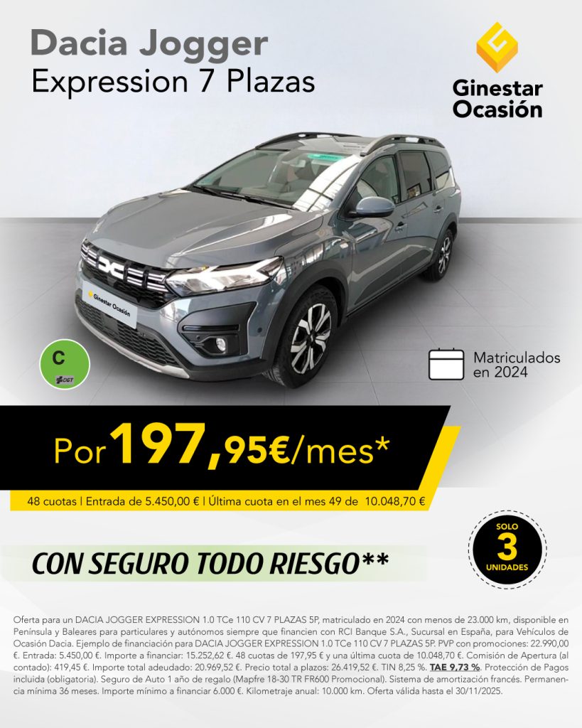 ¡Tu Dacia Jogger por 197,95€/mes*!