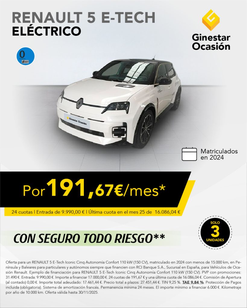 ¡3 unidades! Renault 5 e-Tech por 191,67€/mes*
